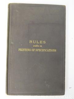 Reference Book Title: "Rules Governing the Printing of Specifications"; 1887, Government Printing Office