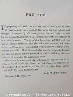 Academic Book Title: "Plane and Spherical Trigonometry, Surveying and Tables" by Wentworth; revised edition; 1902; pub by Ginn and Co.