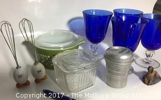 Collection of kitchenware including Pyrex, pair of egg beaters, set of (4) cobalt blue stems and a masher, complete with stand and pestle