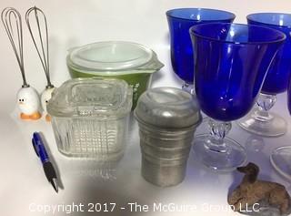 Collection of kitchenware including Pyrex, pair of egg beaters, set of (4) cobalt blue stems and a masher, complete with stand and pestle