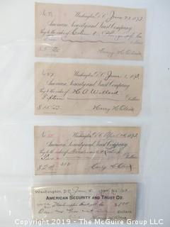 Old Paper: (4) 1893 checks payable to: Woodword and Lothrop; H. A. Willard; Washington Gaslight Co., and the Columbia Phonograph Co. 