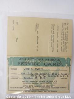 Old Paper: Collection of ephemera including an invite to the Arlington Cotillion, The Arlington Historical Magazine, 1928 Aetna Automobile Insurance Card, Glencaryln's 1915 Curtis Hall Theatre Ticket for 15 cents; US Engineer Corps stationary, Fort Scriven; John. H. Olcott Unused Envelopes; and additional letters from early in the 20th c 