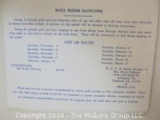 Old Paper: Collection of ephemera including an invite to the Arlington Cotillion, The Arlington Historical Magazine, 1928 Aetna Automobile Insurance Card, Glencaryln's 1915 Curtis Hall Theatre Ticket for 15 cents; US Engineer Corps stationary, Fort Scriven; John. H. Olcott Unused Envelopes; and additional letters from early in the 20th c 