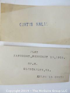 Old Paper: Collection of ephemera including an invite to the Arlington Cotillion, The Arlington Historical Magazine, 1928 Aetna Automobile Insurance Card, Glencaryln's 1915 Curtis Hall Theatre Ticket for 15 cents; US Engineer Corps stationary, Fort Scriven; John. H. Olcott Unused Envelopes; and additional letters from early in the 20th c 