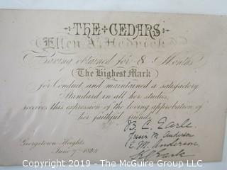 Collection of Ephemera including three (3) certificates to Eleanor A. Hedrick for high standards and conduct for the years 1886, 1887 and 1888; issued by The Cedars, Georgetown Heights