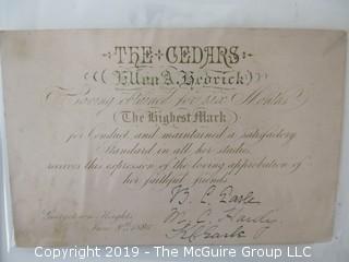 Collection of Ephemera including three (3) certificates to Eleanor A. Hedrick for high standards and conduct for the years 1886, 1887 and 1888; issued by The Cedars, Georgetown Heights