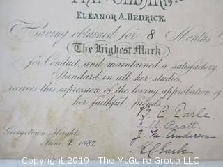 Collection of Ephemera including three (3) certificates to Eleanor A. Hedrick for high standards and conduct for the years 1886, 1887 and 1888; issued by The Cedars, Georgetown Heights