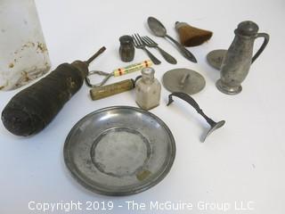 Collection including pewter and McCormick bottle