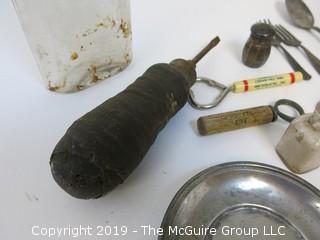 Collection including pewter and McCormick bottle