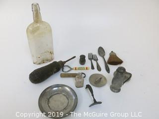 Collection including pewter and McCormick bottle