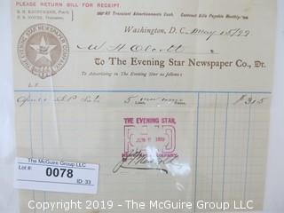 Old Paper: 1899 Business Receipt: The Evening Star Newspaper Co., WDC 