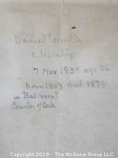 Old Paper: 1839 State of Connecticut Citizenship Paper for Daniel Connelly; 1803-1878; County Cork, Ireland