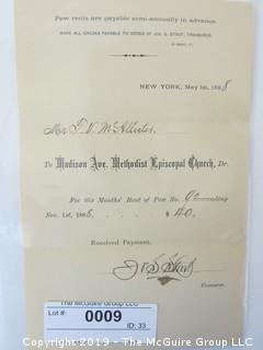 Old Paper: 1888 "Pew Rent" addressed to F.V. McAllister; Madison Ave. Methodist Church, NY, NY 