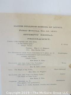 Old Paper: Collection including Dinnergram, 1891 Postcard, 1890 Smith College of Music Program and 1891 Pew Rent Receipt from the Second Congregational Society, Northampton, MA