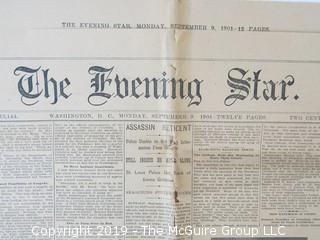 Sept 9th, 1901 Edition of "The Evening Star"; Washington DC (Note the Article: President McKinley Sure to Get Well) following shooting 