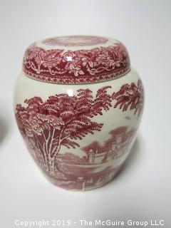 Set of (4) English Mason's Graduated Pink Transferware Jars, with Lids; 9", 6 3/4", 5" and 4" tall {Description Altered: Feb 21 @ noon ET}