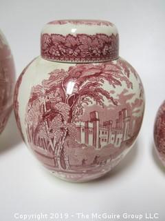 Set of (4) English Mason's Graduated Pink Transferware Jars, with Lids; 9", 6 3/4", 5" and 4" tall {Description Altered: Feb 21 @ noon ET}