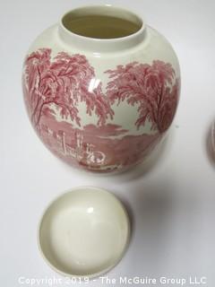 Set of (4) English Mason's Graduated Pink Transferware Jars, with Lids; 9", 6 3/4", 5" and 4" tall {Description Altered: Feb 21 @ noon ET}