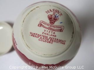 Set of (4) English Mason's Graduated Pink Transferware Jars, with Lids; 9", 6 3/4", 5" and 4" tall {Description Altered: Feb 21 @ noon ET}