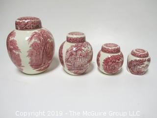 Set of (4) English Mason's Graduated Pink Transferware Jars, with Lids; 9", 6 3/4", 5" and 4" tall {Description Altered: Feb 21 @ noon ET}