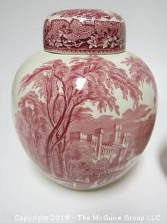 Set of (4) English Mason's Graduated Pink Transferware Jars, with Lids; 9", 6 3/4", 5" and 4" tall {Description Altered: Feb 21 @ noon ET}