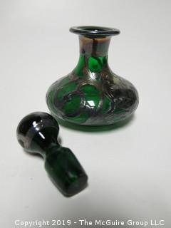 Hand blown green glass carafe with stopper and silver overlay; 4" tall