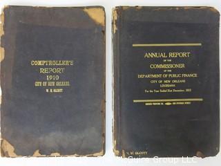 (2) leather bound reports: "1910 Comptroller's Report of the City of New Orleans" by W.H. Olcott; and the "1912 Financial Report of the Commissioner for Finance"