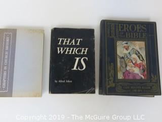 Collection of books including "Heroes of the Bible" by Olive Beaupre Miller