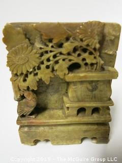 Asian motif carved jade bookends; 5" tall (Note: damage to one)