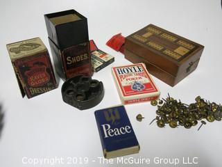 Assortment including "Peace Cigarettes, Button's Raven Gloss Shoe Polish, pack of poker playing cards and cribbage board. 