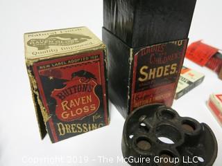 Assortment including "Peace Cigarettes, Button's Raven Gloss Shoe Polish, pack of poker playing cards and cribbage board. 