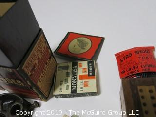 Assortment including "Peace Cigarettes, Button's Raven Gloss Shoe Polish, pack of poker playing cards and cribbage board. 