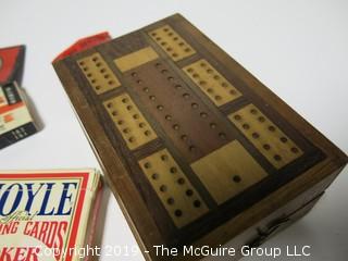 Assortment including "Peace Cigarettes, Button's Raven Gloss Shoe Polish, pack of poker playing cards and cribbage board. 