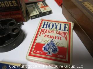 Assortment including "Peace Cigarettes, Button's Raven Gloss Shoe Polish, pack of poker playing cards and cribbage board. 