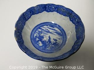 Blue and White Hand Decorated Ceramic Bowl (Note: chip on rim); 9 1/2" wide at rim