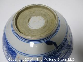 Blue and White Hand Decorated Ceramic Bowl (Note: chip on rim); 9 1/2" wide at rim