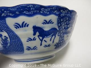 Blue and White Hand Decorated Ceramic Bowl (Note: chip on rim); 9 1/2" wide at rim