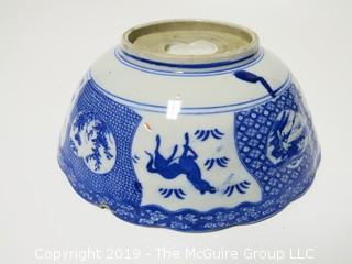 Blue and White Hand Decorated Ceramic Bowl (Note: chip on rim); 9 1/2" wide at rim