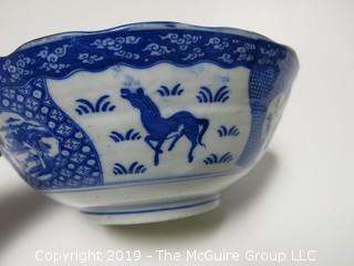 Blue and White Hand Decorated Ceramic Bowl (Note: chip on rim); 9 1/2" wide at rim