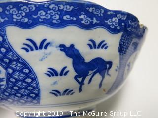 Blue and White Hand Decorated Ceramic Bowl (Note: chip on rim); 9 1/2" wide at rim