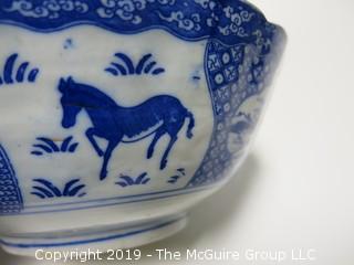 Blue and White Hand Decorated Ceramic Bowl (Note: chip on rim); 9 1/2" wide at rim