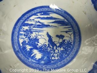 Blue and White Hand Decorated Ceramic Bowl (Note: chip on rim); 9 1/2" wide at rim