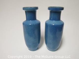 Pair of ceramic blue glazed vases; 9 3/4" tall 