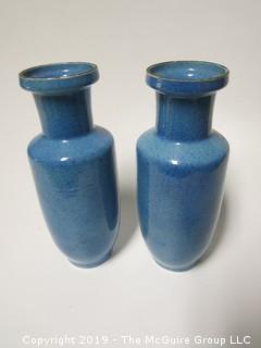 Pair of ceramic blue glazed vases; 9 3/4" tall 