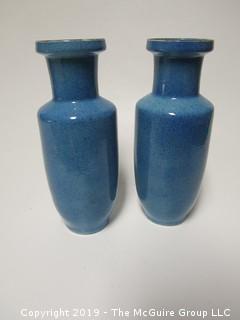 Pair of ceramic blue glazed vases; 9 3/4" tall 