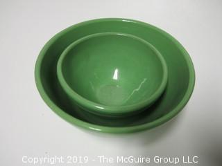 2 nesting M-C ceramic mixing bowls; kelly green; largest is 7 3/4 wide at rim