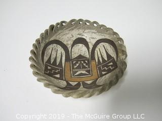 Early ceramic decorative plate; 5 1/4" wide at rim; (Note: damage to rim)