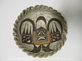 Early ceramic decorative plate; 5 1/4" wide at rim; (Note: damage to rim)