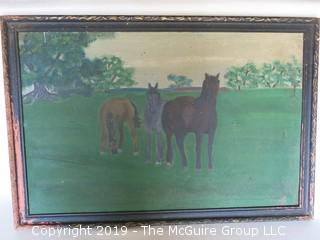 "Horses Grazing"; Framed Oil on Canvas in Wooden Frame; 20 1/2 x 30 1/2"