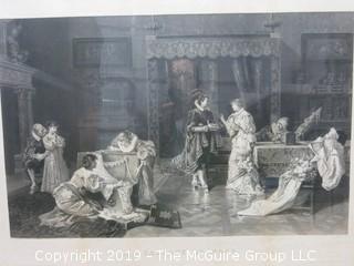 "Les Cadeaux de Noce"; framed and matted etching under glass by Adoir Lalauze, 1838-1905; 32 x 42"